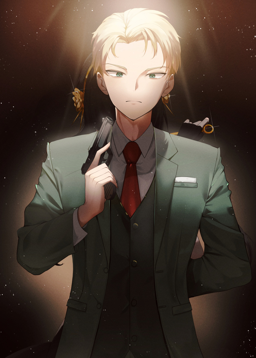 1boy 1girl absurdres back-to-back blonde_hair fingerless_gloves formal gloves green_eyes gun hairband handgun highres holding holding_gun holding_weapon long_hair looking_at_viewer necktie short_hair spy_x_family suit twilight_(spy_x_family) weapon yeoni_mon yor_briar