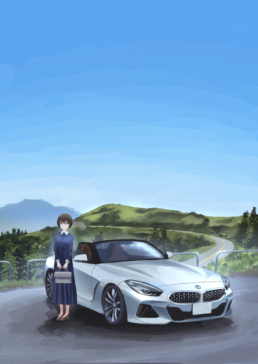 1girl apollos_ars bag bangs black_bag black_hair blue_eyes blue_hair bmw breasts car collared_dress dress ground_vehicle hair_between_eyes headlight highres holding holding_bag looking_at_viewer medium_breasts motor_vehicle original sky smile sports_car vehicle_focus