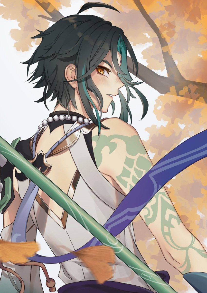 1boy ahoge arm_tattoo bead_necklace beads black_hair branch commentary english_commentary facial_mark genshin_impact ginkgo_leaf green_hair highres jewelry leaf looking_at_viewer looking_back male_focus multicolored_hair necklace parted_lips short_hair single_bare_shoulder solo tattoo vuuins white_background xiao_(genshin_impact) yellow_eyes