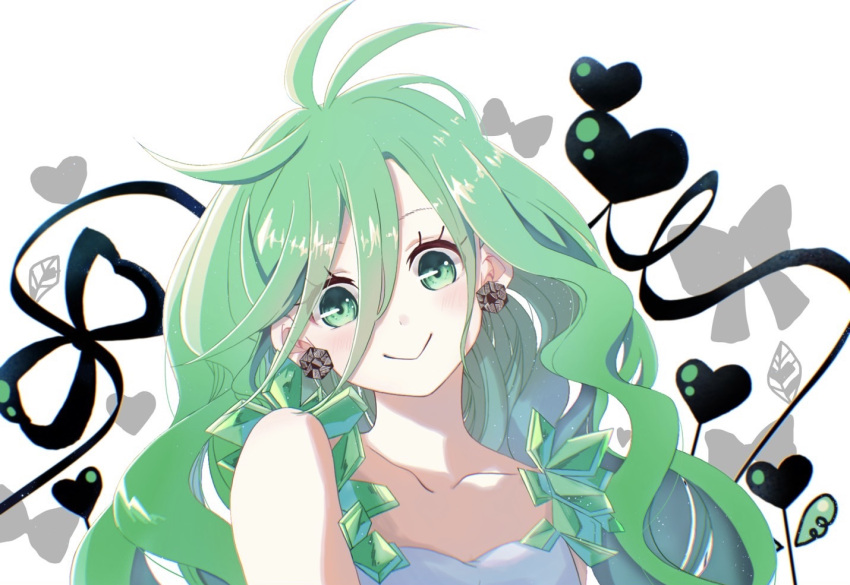 1girl bad_anatomy black_ribbon bow collarbone earrings eyelashes green_eyes green_hair hair_between_eyes heart jewelry long_hair mappy_(wfdj_k) otogami_mimin pppppp ribbon simple_background smile solo upper_body white_background