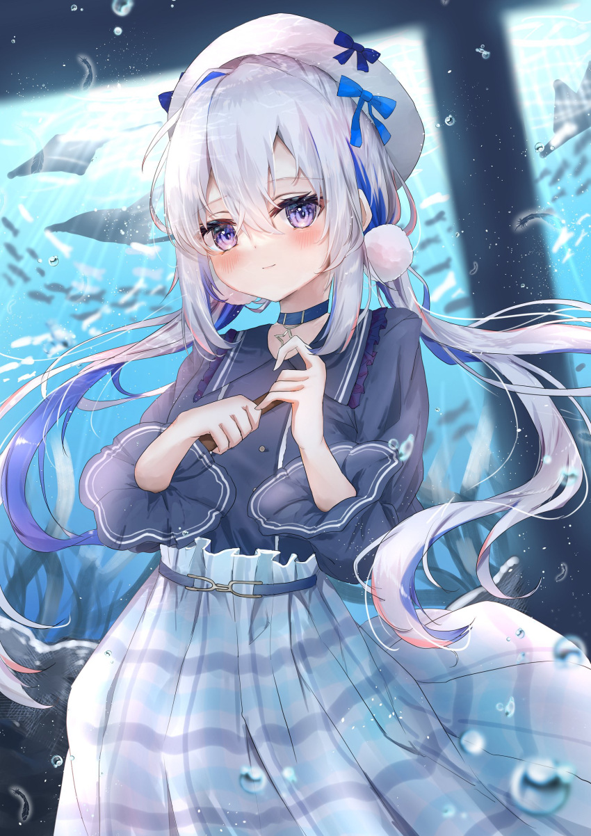 1girl absurdres amane_kanata aquarium blue_hair blue_shirt blush choker closed_mouth fish hat highres hololive kurana long_hair long_sleeves looking_at_viewer low_twintails multicolored_hair shirt skirt smile solo twintails violet_eyes virtual_youtuber white_hair white_headwear white_skirt