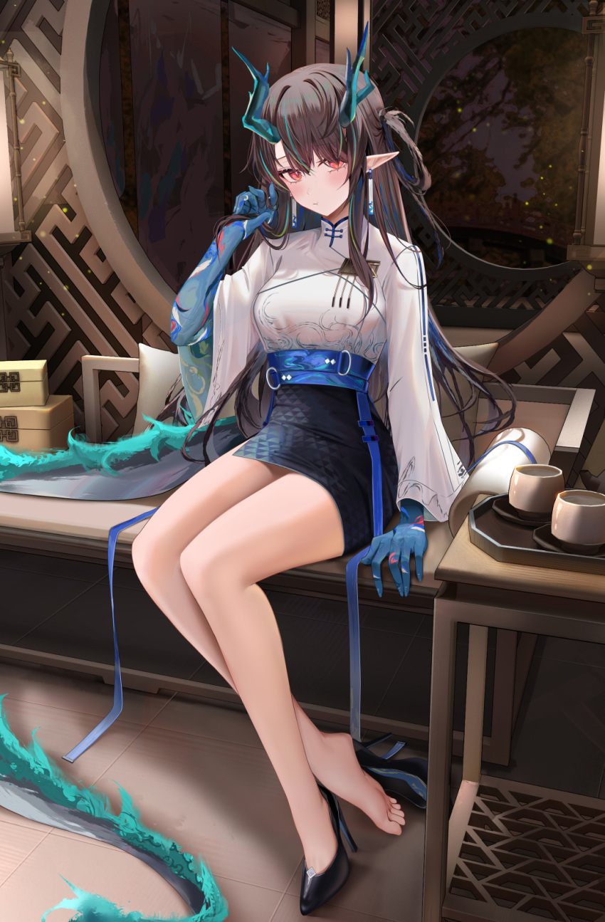 1girl arknights bangs barefoot black_footwear black_hair black_skirt blue_skin blush breasts closed_mouth colored_skin cup dragon_girl dragon_horns dragon_tail dusk_(arknights) full_body high_heels highres horns large_breasts long_hair long_sleeves pointy_ears red_eyes ru_zhai shirt sitting skirt solo tail thighs toes white_shirt