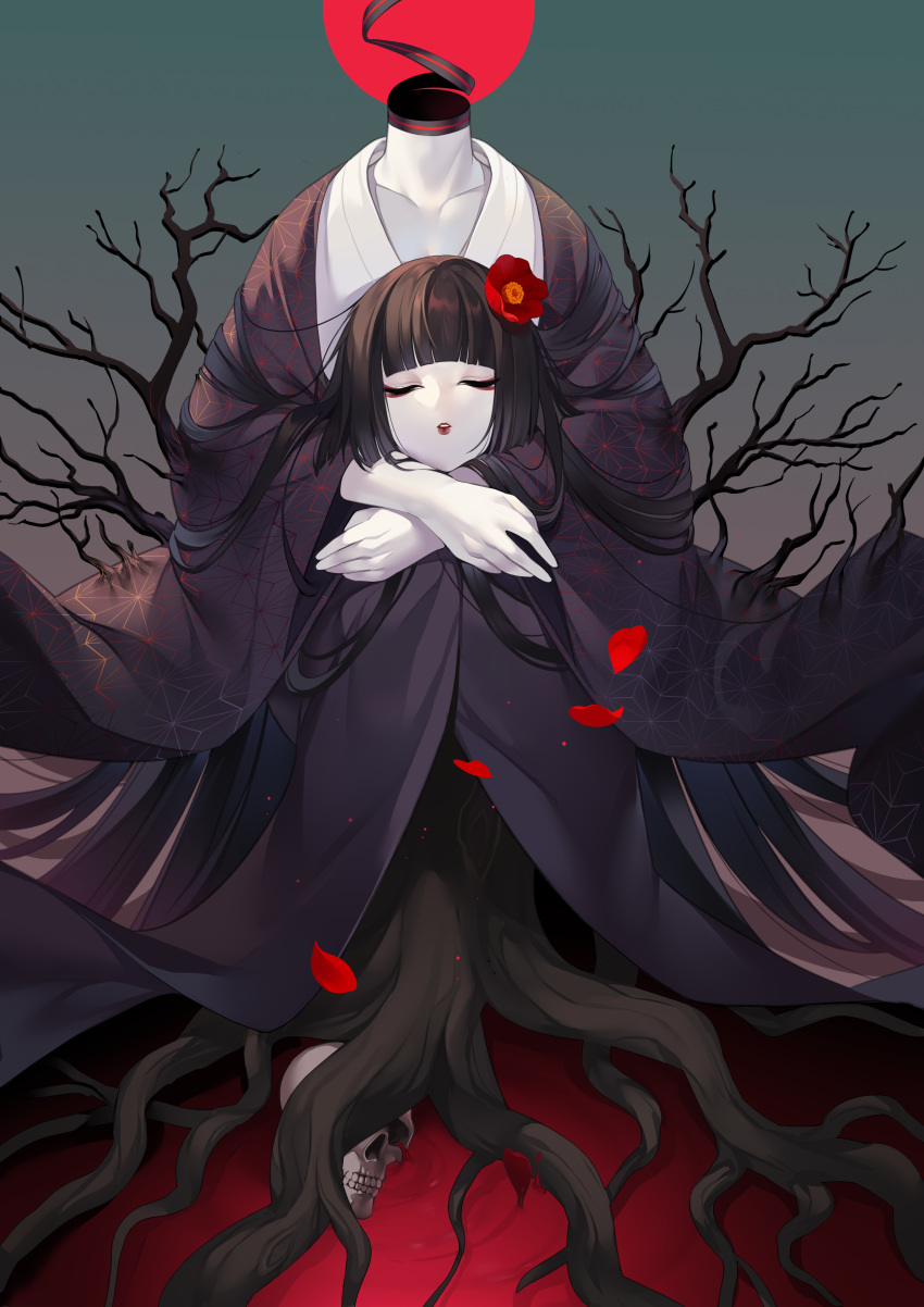 1girl absurdres black_hair black_kimono blood closed_eyes disembodied_head fate/grand_order fate_(series) flower hair_flower hair_ornament headless highres holding_head japanese_clothes kimono long_hair may_(2747513627) red_flower sen_no_rikyu_(fate) skull solo