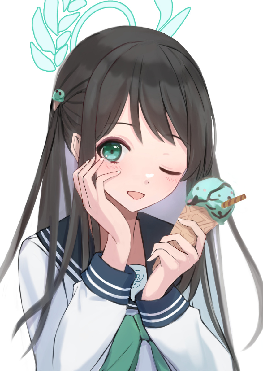1girl airi_(blue_archive) bangs blue_archive blue_sailor_collar brown_hair food food-themed_hair_ornament frilled_skirt frills green_eyes green_ribbon hair_ornament highres holding holding_food ice_cream it_ai looking_at_viewer mint_chocolate_chip one_eye_closed open_mouth ribbon sailor_collar school_uniform shirt simple_background skirt solo upper_body white_background white_shirt white_skirt