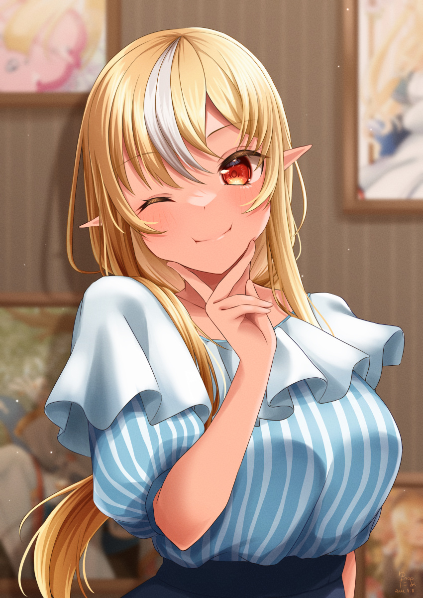 1girl absurdres alternate_costume blonde_hair blurry blurry_background breasts closed_mouth collarbone dark-skinned_female dark_skin dress hair_between_eyes hand_on_own_chin highres hololive indoors large_breasts light_blush long_hair looking_at_viewer multicolored_hair one_eye_closed orange_eyes pinstripe_dress pinstripe_pattern pointy_ears puffy_cheeks shiranui_flare short_sleeves smile solo streaked_hair striped upper_body virtual_youtuber white_hair yudame