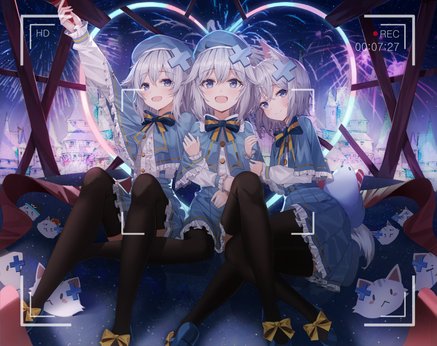 3girls :d absurdres black_thighhighs blue_eyes blue_footwear blue_headwear blush gosegu hat highres idol k.j. leaning_on_person looking_at_viewer multiple_girls multiple_persona open_mouth short_hair smile thigh-highs virtual_youtuber waktaverse white_hair