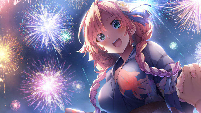 1boy 1girl aerial_fireworks amahara_kogane amanatsu fireworks game_cg highres japanese_clothes kimono night night_sky official_art outdoors photoshop_(medium) sky solo_focus yukata