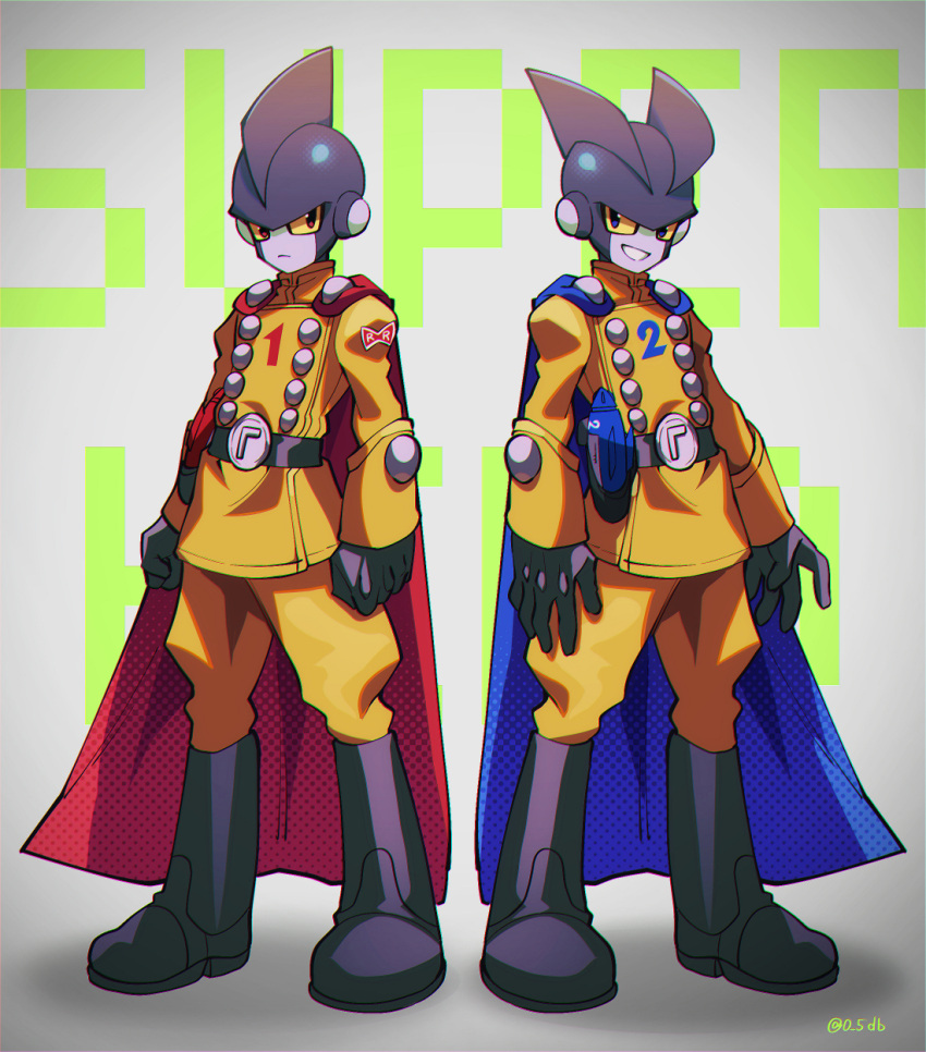 arms_at_sides background_text belt black_belt black_footwear blue_cape boots buttons cape clenched_hands closed_mouth colored_sclera colored_skin commentary_request copyright_name double-breasted dragon_ball dragon_ball_super dragon_ball_super_super_hero energy_gun gamma_1 gamma_2 grey_background grey_skin grin highres jacket long_sleeves looking_at_viewer male_focus pants ray_gun red_cape red_ribbon_army serious shadow side-by-side simple_background smile standing superhero twitter_username weapon yellow_jacket yellow_pants yellow_sclera zero-go