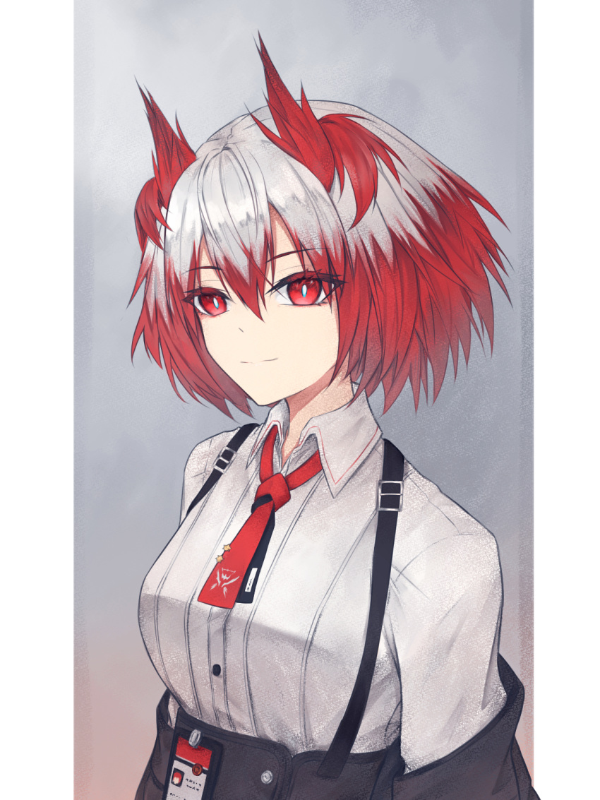 1girl animal_ears arknights bird_ears breasts collared_shirt colored_tips fiammetta_(arknights) grey_background grey_hair hair_between_eyes high-waist_skirt highres id_card light_smile looking_at_viewer multicolored_hair necktie northern_white-faced_owl_(kemono_friends) pillarboxed red_eyes red_necktie redhead shirt shirt_tucked_in short_hair short_necktie simple_background skirt small_breasts solo suspender_skirt suspenders two-tone_hair upper_body vveirush white_shirt
