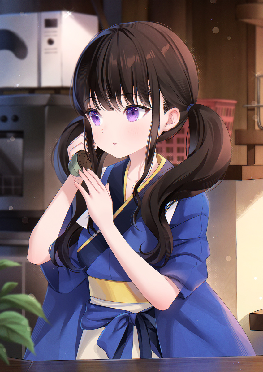 1girl bangs blue_kimono blurry blurry_background blurry_foreground breasts brown_hair commentary depth_of_field hands_up highres holding holding_phone indoors inoue_takina japanese_clothes kimono long_hair looking_afar lycoris_recoil nami_(nyaa) obi parted_lips phone sash short_sleeves sidelocks small_breasts solo swept_bangs symbol-only_commentary twintails violet_eyes