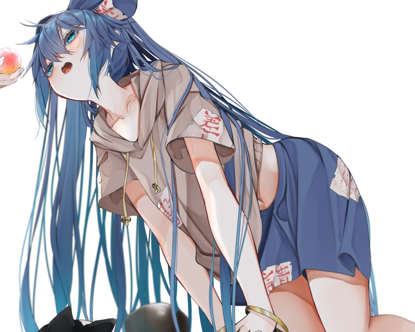 2girls all_fours animal_ears bangs blue_bow blue_eyes blue_hair blue_skirt blush bow bowl cat_ears collarbone debt feet_out_of_frame fingernails food fruit grey_hoodie hair_between_eyes hand_up highres hinanawi_tenshi hood hoodie long_hair looking_at_another multiple_girls navel open_mouth peach short_sleeves simple_background skirt solo_focus stuffed_animal stuffed_toy teeth tongue touhou tsune_(tune) white_background yorigami_shion