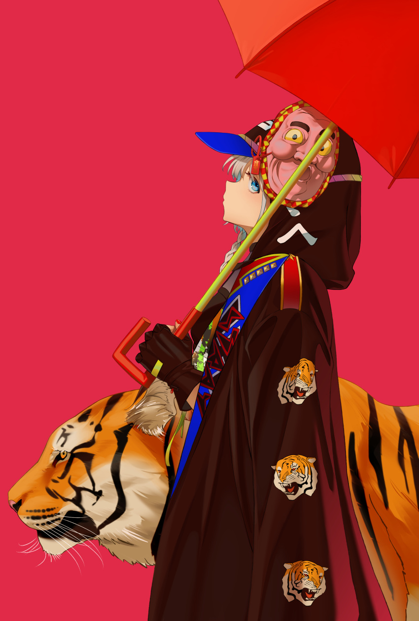 1girl absurdres animal_print bangs black_gloves blue_eyes braid from_side gloves highres holding holding_umbrella hood hood_up idolmaster idolmaster_shiny_colors mask mask_on_head profile red_background serizawa_asahi sideways_glance simple_background solo tiger tiger_print umbrella ven_(ven_neojio) white_hair