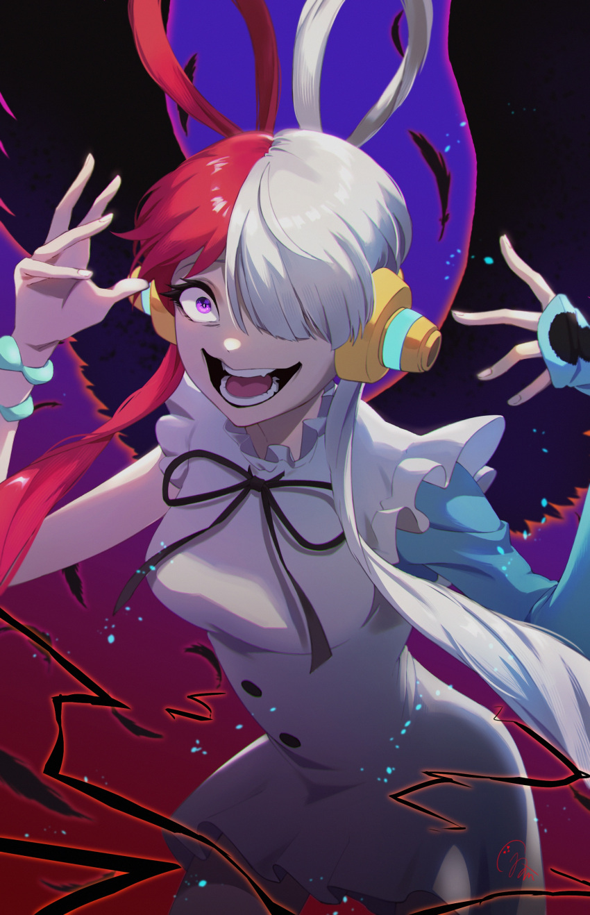 1girl absurdres arms_up asymmetrical_sleeves crazy_eyes dress hair_over_one_eye headphones highres imucy1641_bh multicolored_hair one_piece one_piece:_film_red open_mouth redhead ribbon sleeveless teeth twintails uta_(one_piece) violet_eyes white_dress white_hair