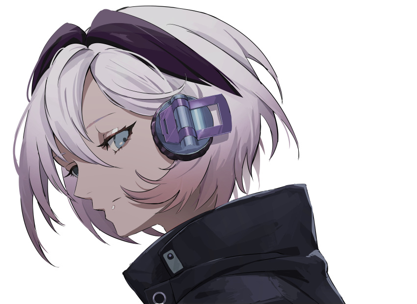 1girl absurdres black_coat blue_eyes cevio ci_flower closed_eyes coat commentary expressionless flower flower_(vocaloid) from_side headphones highres mujikuro multicolored_hair portrait profile purple_hair short_hair sideways_glance simple_background solo streaked_hair upper_body vocaloid white_background white_hair