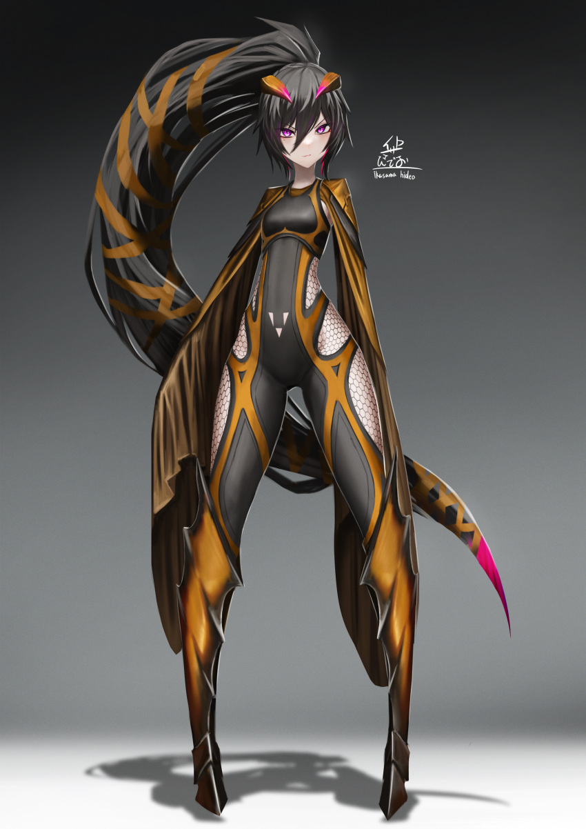 1girl absurdres armor armored_boots black_bodysuit black_hair bodysuit boots breasts commentary_request fantasy full_body gradient gradient_background grey_background hair_between_eyes highres horns ikasamahideo long_hair original pigeon-toed ponytail shadow signature sleeves_past_wrists slit_pupils small_breasts solo standing very_long_hair violet_eyes wasp wasp_girl wide_sleeves