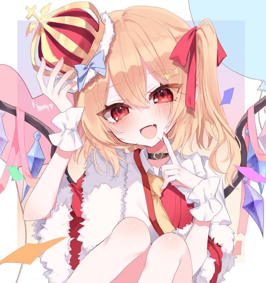 1girl :d absurdres ascot balloon blonde_hair blue_bow bow crown crystal fang flandre_scarlet fur_trim highres looking_at_viewer medium_hair one_side_up open_mouth red_eyes red_nails rori82li short_sleeves smile solo touhou wings wrist_cuffs yellow_ascot