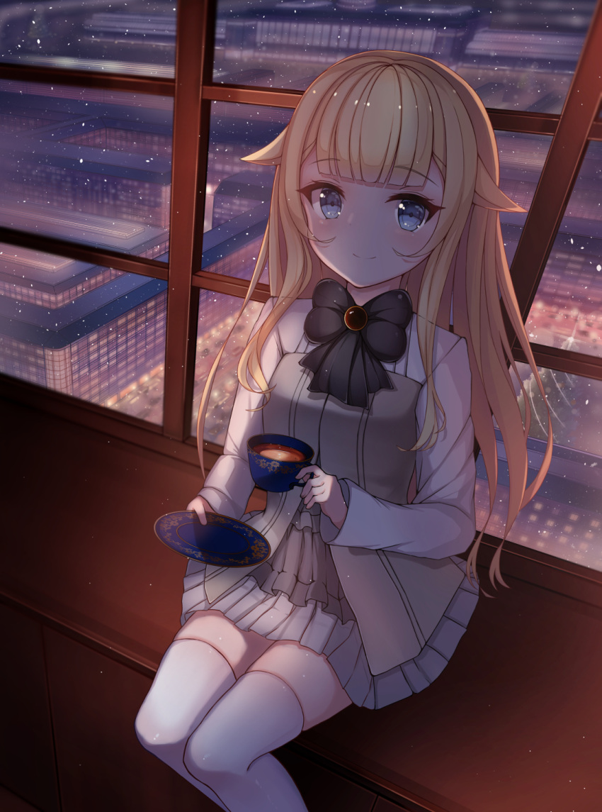 1girl bangs blonde_hair blue_eyes blunt_bangs blush cup english_commentary grey_skirt highres holding holding_plate indoors long_hair long_sleeves plate princess_(princess_principal) princess_principal school_uniform sitting skirt smile snowing tea teacup thigh-highs white_thighhighs window ylpz_23