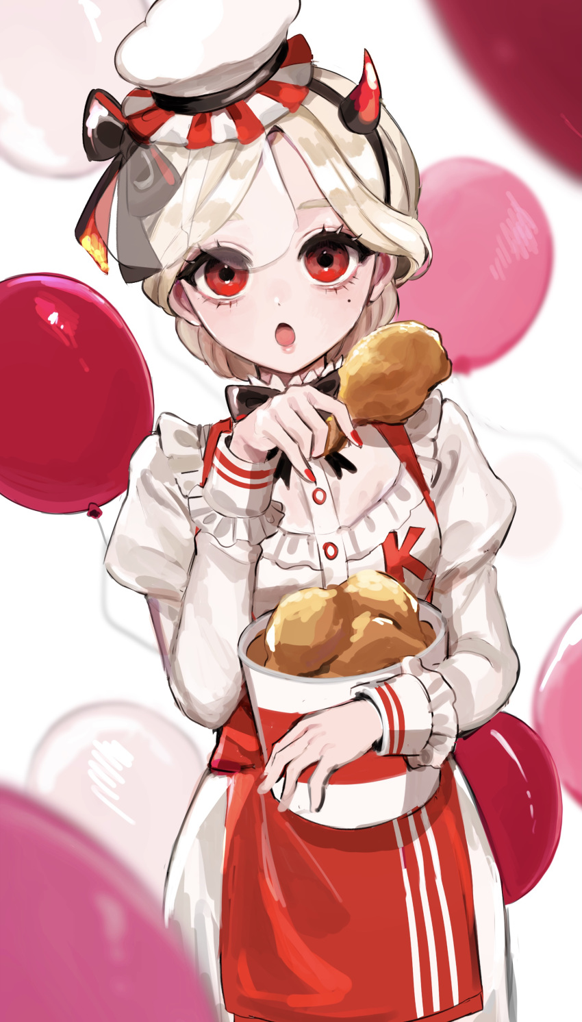 1girl absurdres apron balloon black_ribbon blonde_hair blurry blurry_background blurry_foreground bucket bucket_of_chicken chef_hat chicken_(food) chicken_leg collar dress fake_horns food fried_chicken frilled_collar frilled_sleeves frills hat hat_ribbon headband highres hoge_(n8sss) holding holding_bucket holding_food horns identity_v juliet_sleeves kfc lipstick long_sleeves looking_at_viewer makeup mini_chef_hat mole mole_under_eye neck_ribbon official_alternate_costume open_mouth puffy_sleeves red_apron red_eyes red_nails ribbon short_hair solo vera_nair vera_nair_(lady_k) waist_apron white_background white_dress
