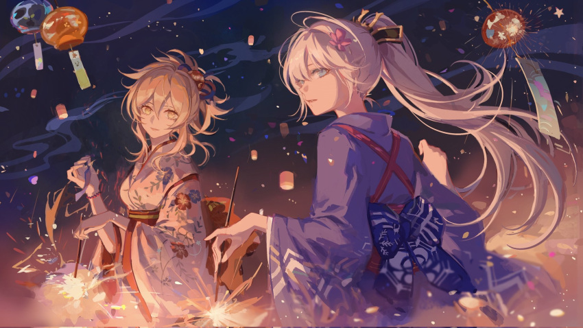 2girls aerial_fireworks bangs bead_bracelet beads blue_eyes blue_hair blue_kimono blush bracelet breasts closed_mouth english_commentary fireworks floral_print flower genshin_impact hair_flower hair_ornament highres holding_fireworks japanese_clothes jewelry kamisato_ayaka kimono lantern long_hair long_sleeves looking_at_viewer mole mole_under_eye multiple_girls night obi obiage obijime orange_eyes orange_hair pink_flower ponytail print_kimono sash smile sparkler white_kimono wide_sleeves yoimiya_(genshin_impact) zerotabi1210