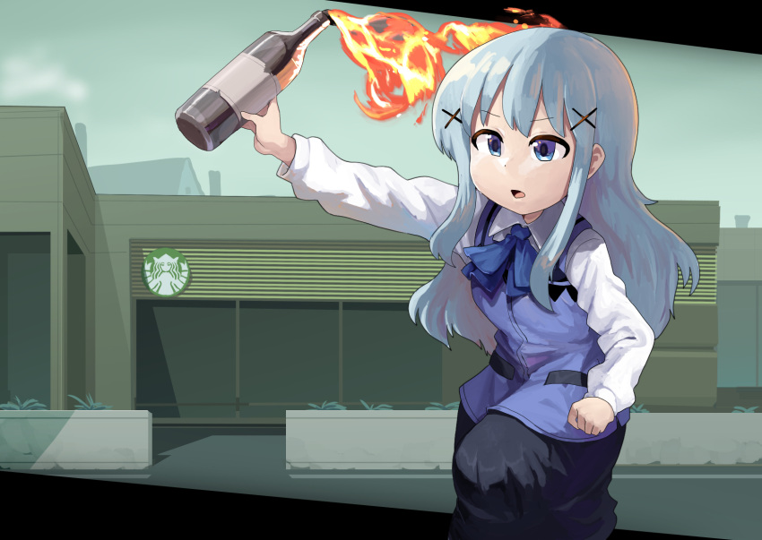 1girl ascot bangs black_skirt blue_ascot blue_eyes blue_hair blue_vest bottle cafe commentary_request feet_out_of_frame fire flat_chest fuka_(kantoku) gochuumon_wa_usagi_desu_ka? hair_ornament highres holding holding_bottle kafuu_chino long_hair long_sleeves molotov_cocktail open_mouth shirt sidelocks skirt solo starbucks vest white_shirt x_hair_ornament