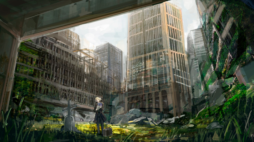1boy blonde_hair bouquet building cross day debris flower grass grave highres holding holding_bouquet male_focus original outdoors overgrown post-apocalypse rubble ruins scenery short_hair sky solo standing suitcase tombstone yamaneko8686