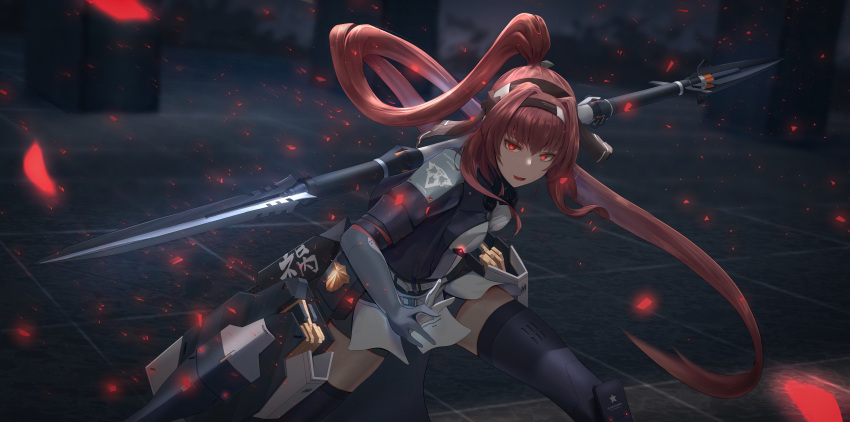1girl absurdres armor debris fighting_stance glowing headband highres holding holding_polearm holding_weapon jack9614 knee_pads long_hair looking_at_viewer polearm ponytail punishing:_gray_raven red_eyes redhead shoulder_armor sidelocks solo spear thigh-highs vera_(punishing:_gray_raven) weapon