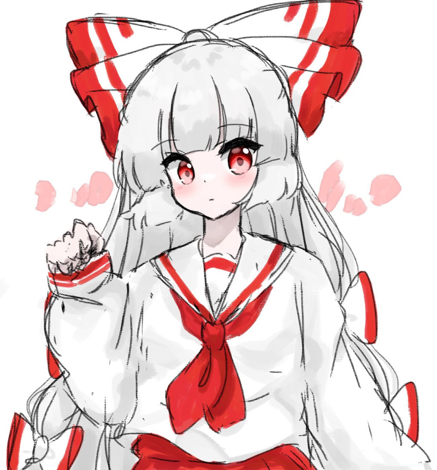 1girl alternate_costume bangs blunt_bangs bow closed_mouth fujiwara_no_mokou hair_bow highres hime_cut koharu66353343 long_hair long_sleeves looking_at_viewer multiple_bows neckerchief red_eyes red_neckerchief school_uniform serafuku solo touhou upper_body white_background white_bow white_hair white_serafuku