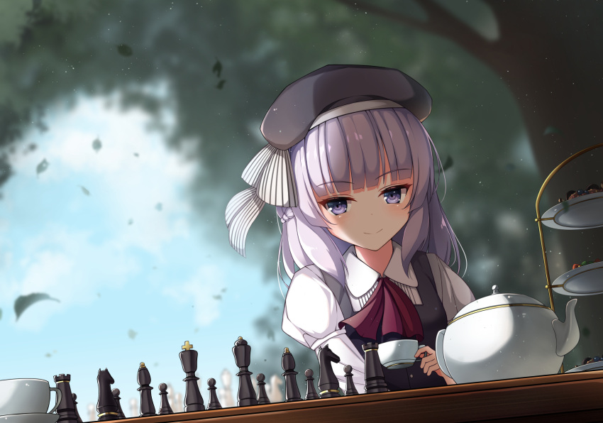 1girl ascot black_headwear blurry blurry_background board_game chess cup day grey_hair hat highres holding holding_cup long_sleeves outdoors puffy_long_sleeves puffy_sleeves sakayanagi_arisu solo tea teacup teapot tiered_tray violet_eyes ylpz_23 youkoso_jitsuryoku_shijou_shugi_no_kyoushitsu_e