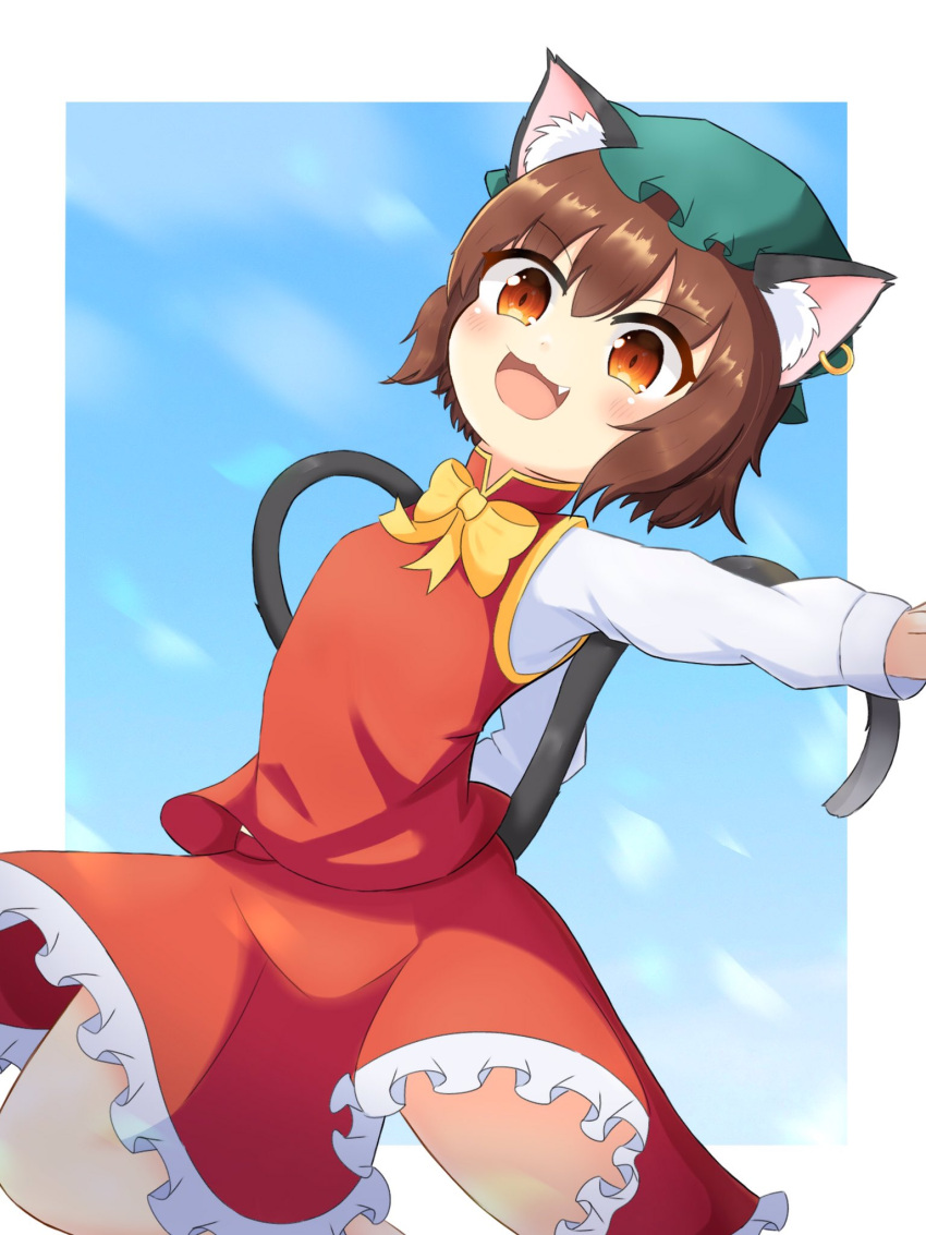 1girl :3 :d animal_ears brown_eyes brown_hair cat_ears cat_tail chen earrings fang green_headwear hat highres jewelry koruk700 mob_cap multiple_tails nekomata open_mouth short_hair single_earring smile solo tail touhou two_tails