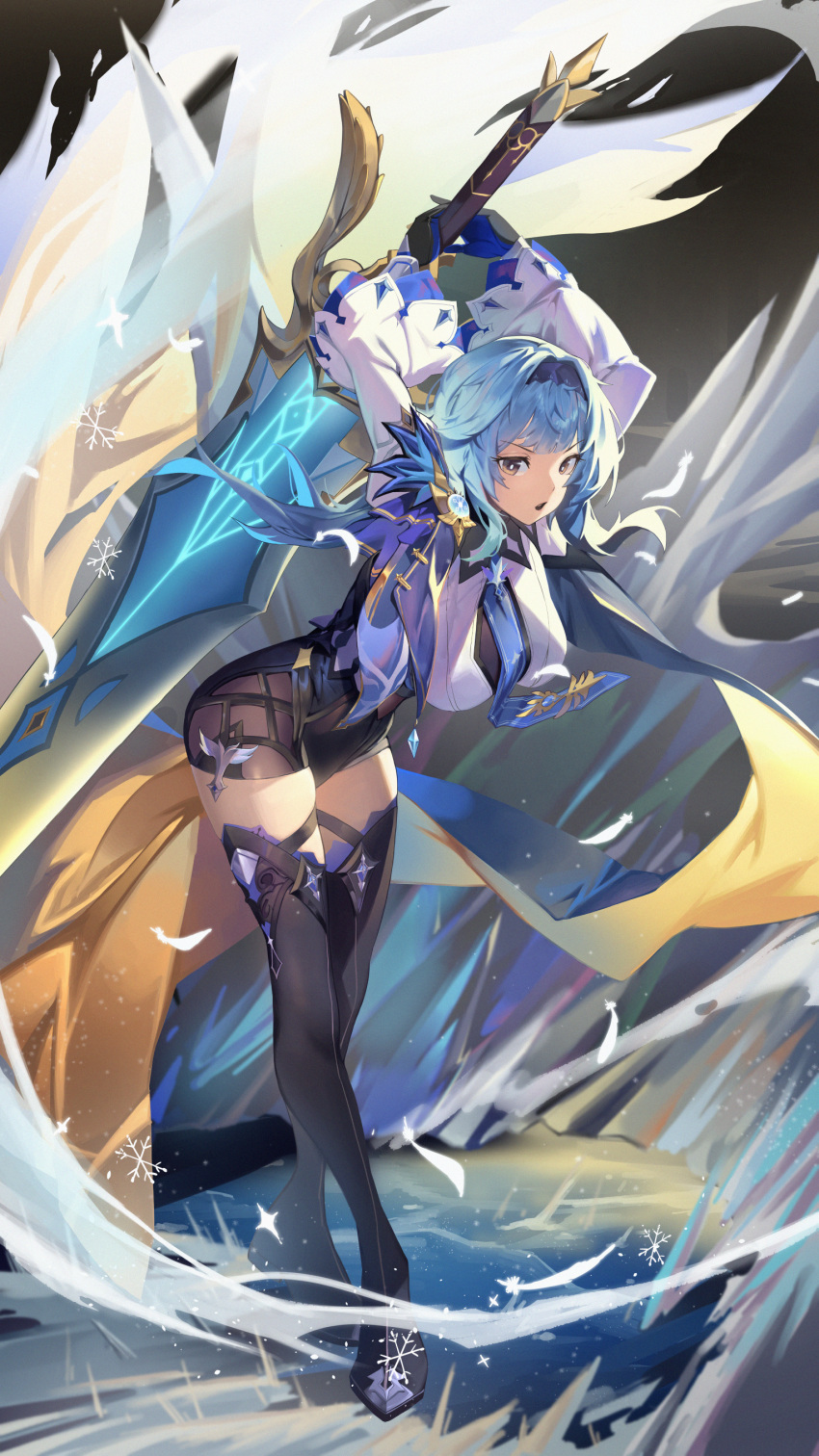 1girl absurdres bangs black_footwear black_hairband black_leotard blue_cape blue_gloves blue_hair blue_necktie boots breasts cape clothing_cutout eula_(genshin_impact) frilled_sleeves frills genshin_impact gloves greatsword hair_between_eyes hairband high-waist_shorts high_heel_boots high_heels highres ktr_(tpun2553) large_breasts leotard medium_hair necktie short_shorts shorts shoulder_cutout solo thigh_boots thigh_strap vision_(genshin_impact) white_sleeves yellow_eyes
