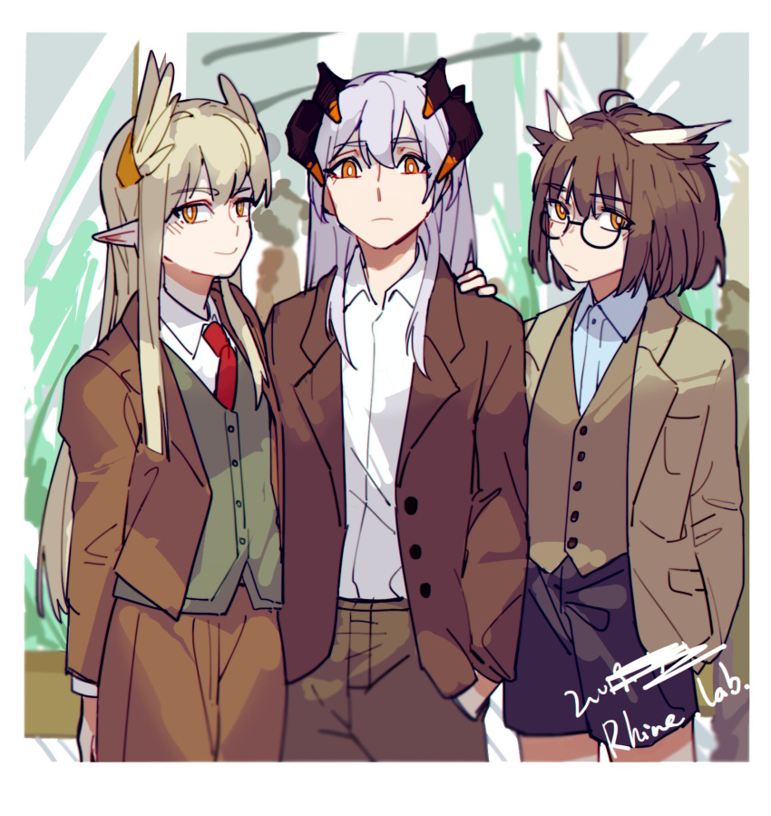 3girls ahoge alternate_costume arknights black_shorts brown_eyes brown_jacket brown_pants brown_vest buttons collared_shirt cowboy_shot dragon_horns dress_jacket glasses green_vest grey_hair hand_in_pocket hand_on_another's_shoulder highres horns jacket lapels laurels long_hair long_sleeves looking_at_viewer muelsyse_(arknights) multiple_girls necktie open_clothes open_jacket orange_eyes owl_ears pants photo_(object) pointy_ears red_necktie saria_(arknights) shirt shorts silence_(arknights) vest white_shirt xiao_lu