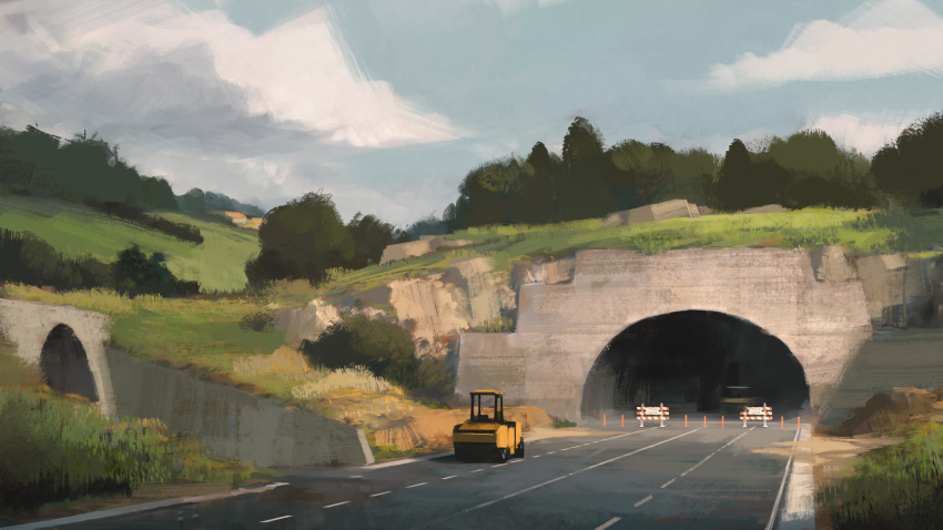 absurdres ace_combat building bush commentary_request grass highres mikado_(winters) no_humans outdoors road scenery steamroller traffic_cone tree tunnel