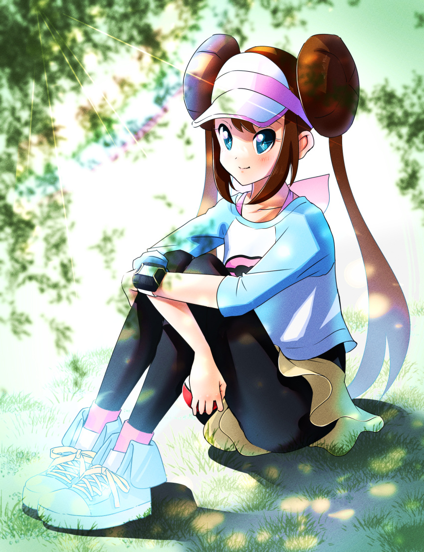 1girl black_pantyhose blue_eyes bow brown_hair double_bun doughnut_hair_bun hair_bun highres long_hair pantyhose pantyhose_under_shorts pink_bow poke_ball poke_ball_(basic) poke_ball_print pokemon pokemon_(game) pokemon_bw2 raglan_sleeves rorb_(vqmde) rosa_(pokemon) shoes short_shorts shorts sitting sneakers solo twintails very_long_hair visor_cap yellow_shorts