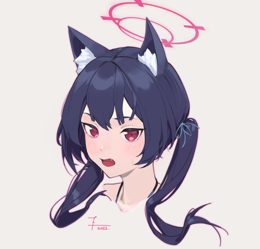 1girl animal_ear_fluff animal_ears bangs black_hair blue_archive blush cat_ears cropped_shoulders dated fang grey_background halterneck highres long_hair looking_at_viewer low_twintails open_mouth portrait red_eyes senshu serika_(blue_archive) signature simple_background solo sweatdrop twintails