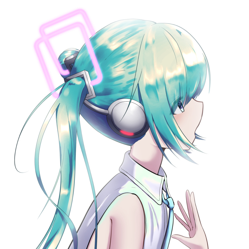 1girl aqua_eyes aqua_hair aqua_necktie bare_shoulders bloom commentary from_side glowing hair_ornament hand_up hatsune_miku hatsune_miku_(vocaloid4) headphones highres long_hair misho39 necktie open_mouth profile shirt simple_background sleeveless sleeveless_shirt solo twintails v4x vocaloid white_background white_shirt