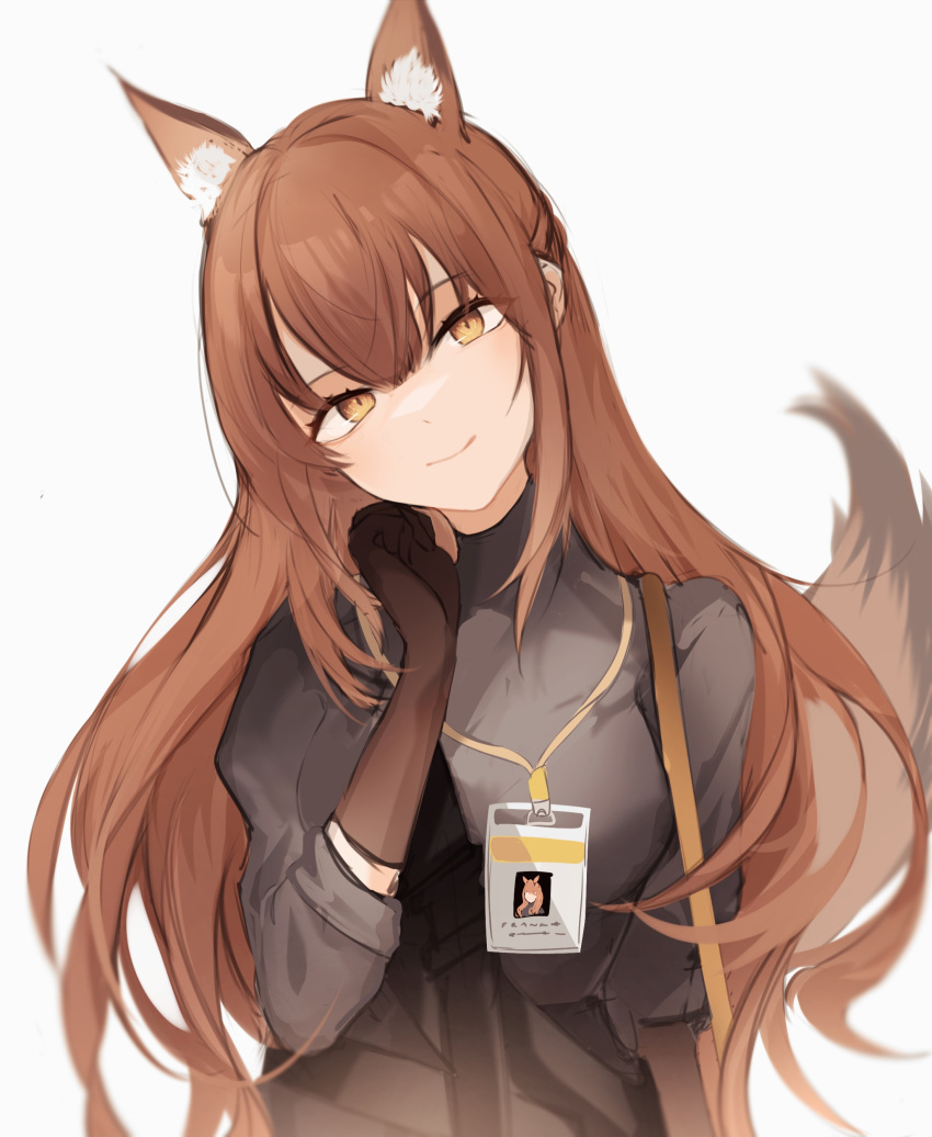 1girl absurdres animal_ears arknights black_gloves brown_hair fox_ears fox_girl fox_tail franka_(arknights) gloves grey_shirt gupipy head_tilt highres id_card lanyard long_hair looking_at_viewer shirt simple_background sleeves_past_elbows smile solo tail upper_body very_long_hair white_background yellow_eyes