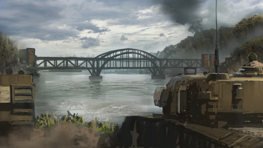 antennae bridge clouds cloudy_sky commentary_request grass ground_vehicle highres mikado_(winters) military military_vehicle motor_vehicle mountainous_horizon no_humans original outdoors river scenery sky tank tree water