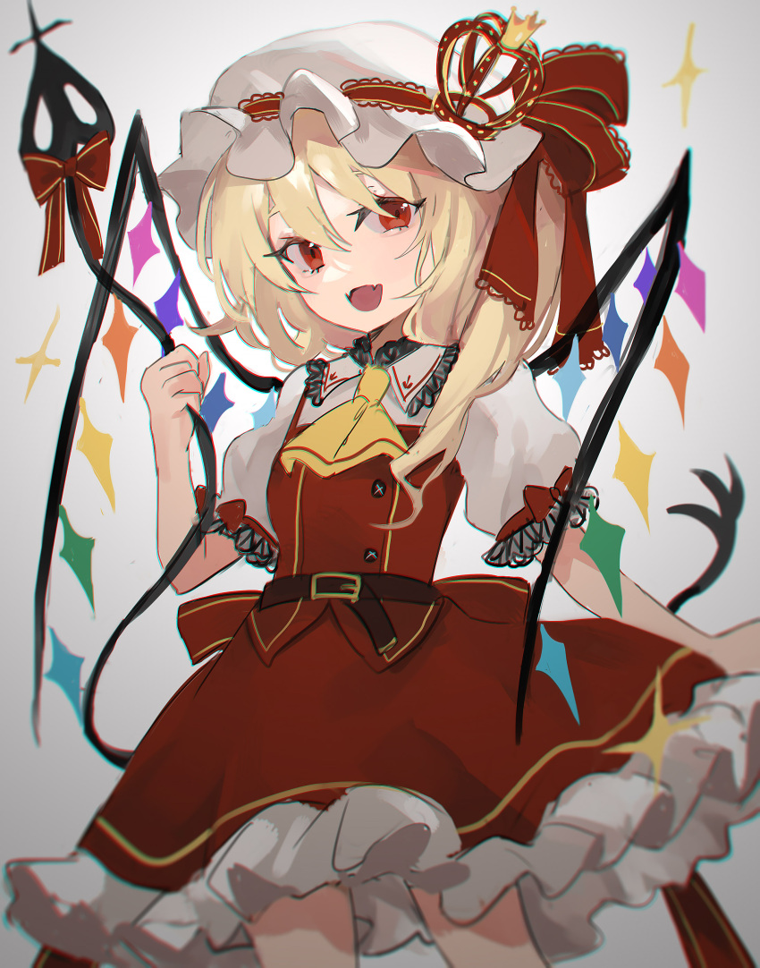 1girl absurdres ascot bangs belt blonde_hair blush bow breasts brown_belt buttons commentary_request crown crystal eyes fang fangs flandre_scarlet frills gradient gradient_background grey_background grey_headwear grey_shirt hair hair_between_eyes hand_up hat hat_ribbon highres holding holding_weapon jewelry kani_nyan laevatein_(touhou) looking_at_viewer medium_breasts mini_crown mob_cap multicolored_wings one_side_up open_mouth polearm puffy_short_sleeves puffy_sleeves red_bow red_eyes red_ribbon red_skirt red_vest ribbon shirt short_hair short_sleeves skirt skirt_set smile solo spear star_(symbol) touhou vest weapon white_background wings yellow_ascot