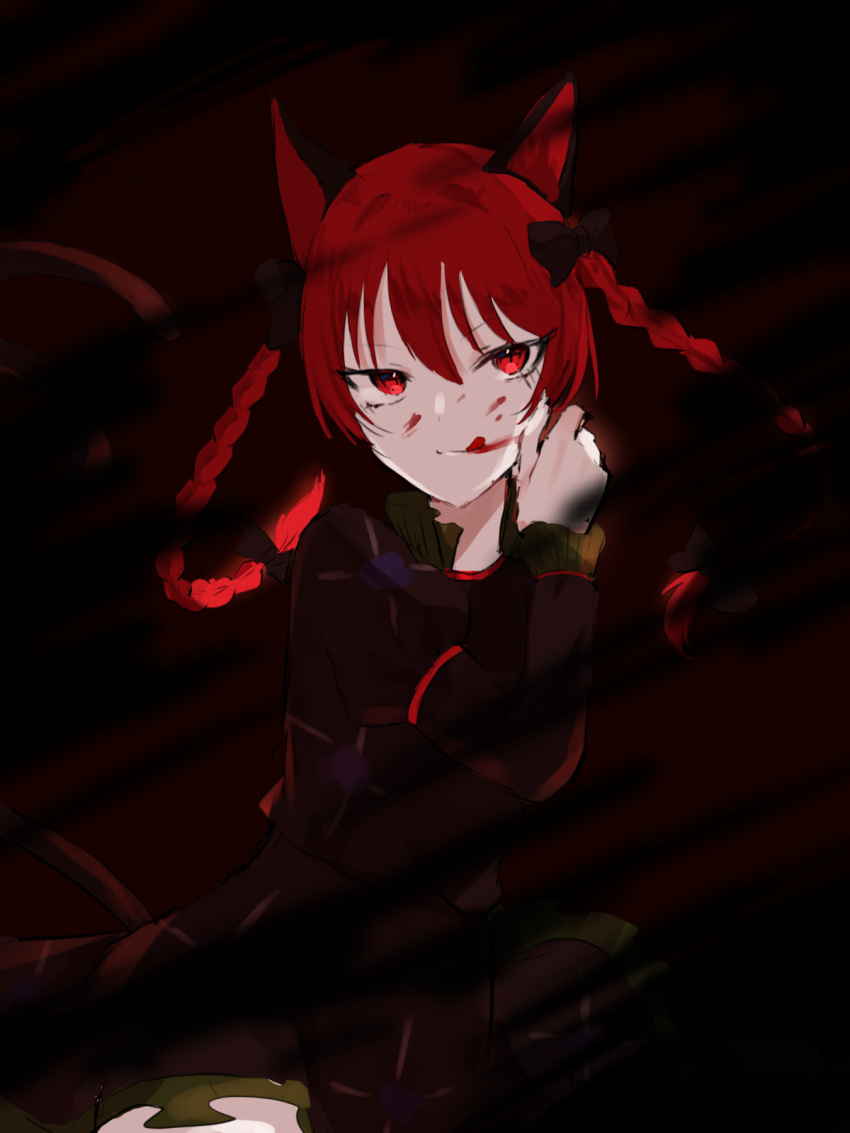1girl :q animal_ears blood bow braid cat_ears cat_tail darkness dress hair_bow hand_up highres kaenbyou_rin long_sleeves multiple_tails nano_popo02 red_eyes redhead solo tail tongue tongue_out touhou twin_braids