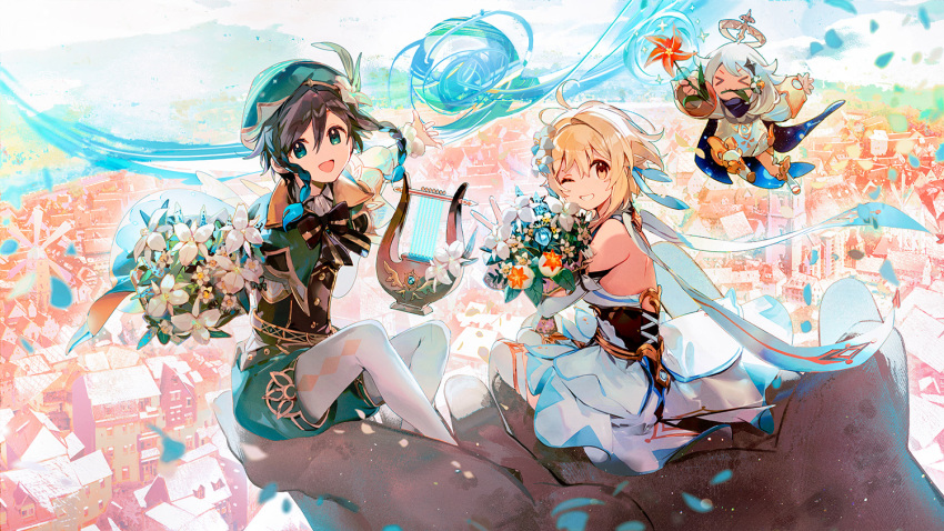 &gt;_&lt; 1boy 2girls anniversary aqua_eyes aqua_hair backless_dress backless_outfit bare_shoulders black_bow black_bowtie black_hair blonde_hair bouquet bow bowtie capelet detached_sleeves dress english_commentary feather_hair_ornament feathers flower genshin_impact gradient_hair green_capelet green_shorts hair_flower hair_ornament halo holding holding_instrument in-universe_location instrument long_hair long_sleeves lumine_(genshin_impact) lyre magic mouth_hold multicolored_hair multiple_girls namie-kun one_eye_closed otoko_no_ko paimon_(genshin_impact) pantyhose scarf shirt shorts sitting statue town v venti_(genshin_impact) white_dress white_flower white_hair white_pantyhose white_scarf white_shirt wind windwheel_aster_(genshin_impact) yellow_eyes