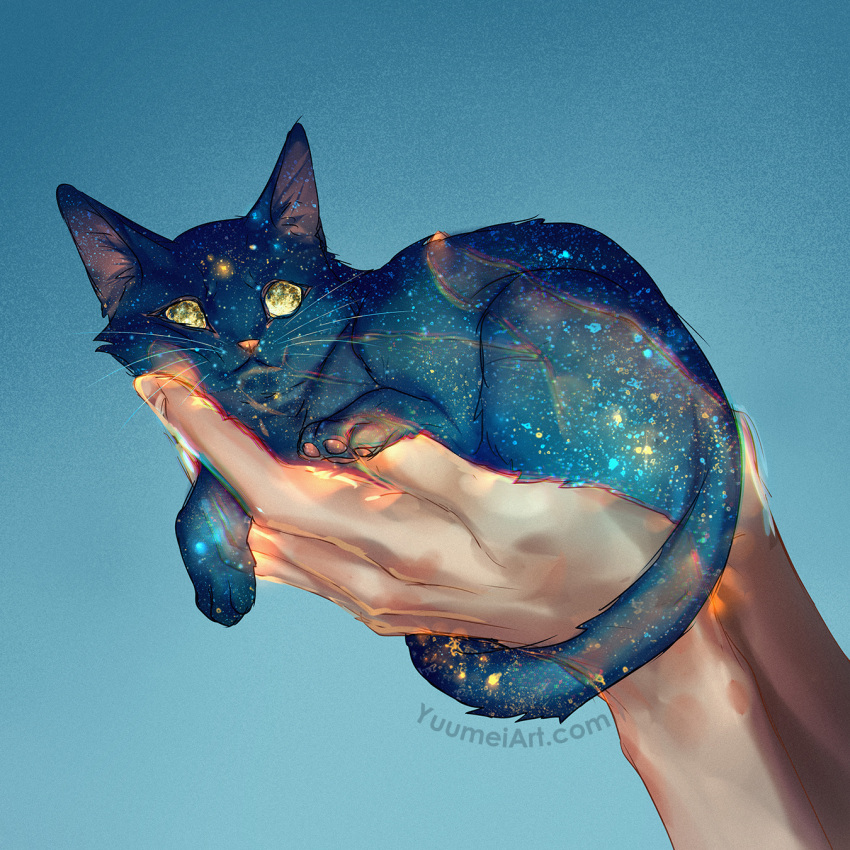 1other animal animal_ear_fluff black_cat blue_background cat closed_mouth commentary english_commentary full_moon gradient gradient_background hands_up highres holding holding_animal looking_at_viewer moon original star_(sky) transparent watermark web_address yuumei