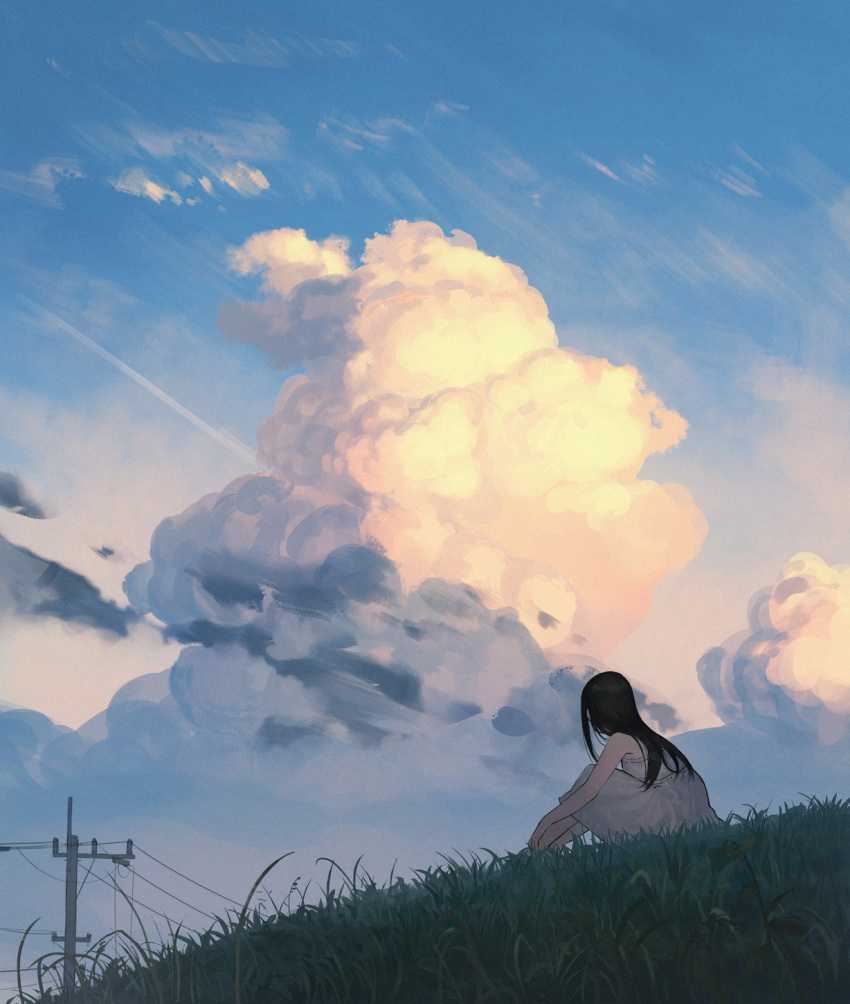 1girl bare_arms bare_shoulders black_hair blue_sky clouds commentary_request day dress facing_away from_side grass highres knees_up leaning_forward long_hair on_grass original outdoors power_lines ryokucha_manma sitting sky solo utility_pole white_dress