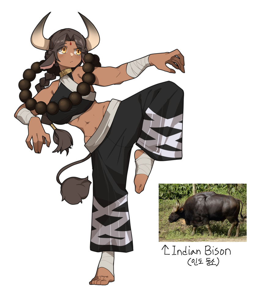 1girl abs absurdres animal_ears bandaged_arm bandaged_foot bandages bead_necklace beads bison breasts brown_hair cow_ears cow_girl cow_horns cow_tail dark-skinned_female dark_skin facial_mark fighting_stance foot_wraps forehead_mark gomulgong highres horns jewelry large_breasts long_hair muscular muscular_female necklace orange_eyes original pants photo-referenced photo_inset solo standing standing_on_one_leg tail tiptoes