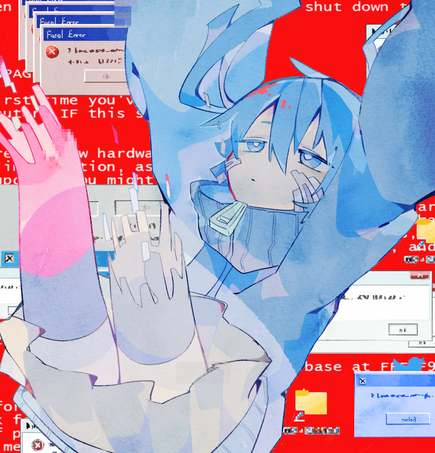 1girl absurdres blue_eyes blue_hair blue_jacket blue_screen_of_death blue_skirt blue_theme blue_thighhighs closed_mouth commentary digital_dissolve ene_(kagerou_project) error_message expressionless facial_mark falling glitch highres jacket kagerou_project long_hair long_sleeves looking_up skirt sleeves_past_fingers sleeves_past_wrists solo soresaki thigh-highs twintails windows windows_7 windows_xp zipper_pull_tab