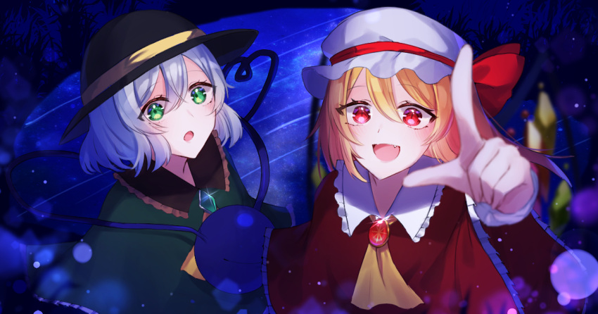 2girls adapted_costume ascot black_headwear blonde_hair blue_background brooch eyeball fang flandre_scarlet frilled_shirt_collar frills green_eyes grey_hair hair_between_eyes hat hat_ribbon heart heart_of_string jewelry komeiji_koishi looking_at_viewer mob_cap multiple_girls nano_popo02 open_mouth pointing pointing_at_viewer red_brooch red_eyes red_ribbon ribbon short_hair third_eye touhou upper_body white_headwear yellow_ascot yellow_ribbon