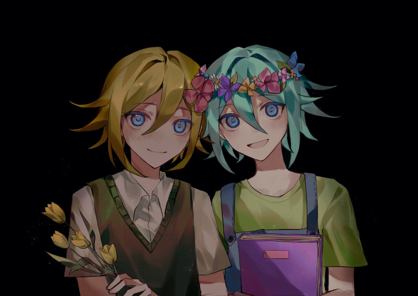 2boys :d absurdres aqua_hair bangs basil_(omori) black_background blonde_hair blue_eyes blue_overalls book closed_mouth collared_shirt flower green_shirt green_sweater_vest hair_between_eyes head_wreath highres holding holding_book holding_flower looking_at_viewer male_focus multiple_boys omori overalls shirt short_hair short_sleeves simple_background smile sweater_vest upper_body white_shirt winter1116 yellow_flower yellow_tulip