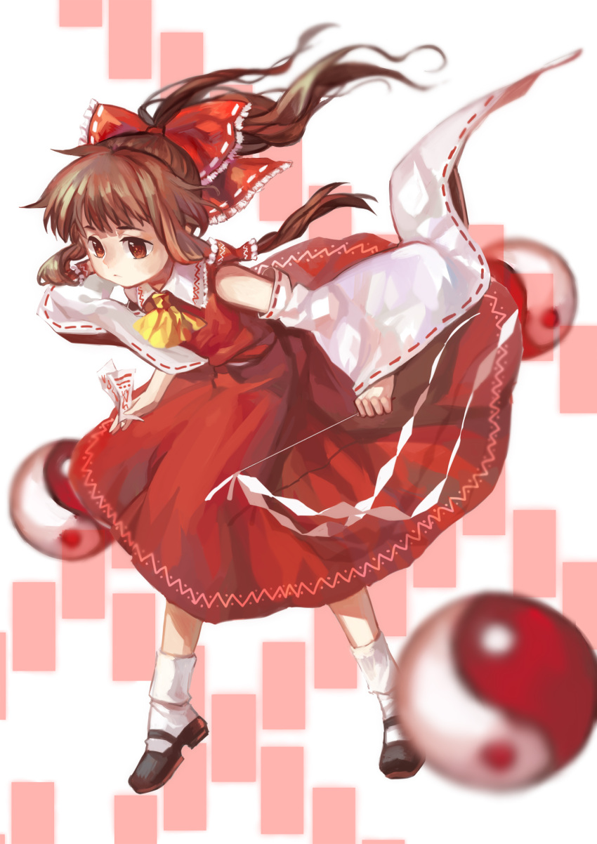 1girl ascot bangs black_footwear bow brown_hair chinese_commentary closed_mouth collared_vest commentary_request detached_sleeves frilled_bow frilled_hair_tubes frills full_body hair_bow hair_tubes hakurei_reimu harrymiao highres holding_gohei long_hair mary_janes ofuda red_eyes red_skirt red_vest ribbon-trimmed_sleeves ribbon_trim shoes skirt socks solo touhou vest white_sleeves white_socks wide_sleeves yellow_ascot yin_yang