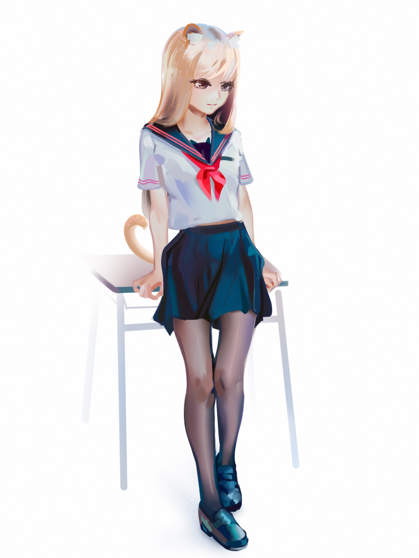 1girl absurdres animal_ears arm_support bangs blonde_hair blue_sailor_collar blue_skirt brown_eyes cat_ears cat_girl cat_tail closed_mouth commentary desk full_body highres light_smile loafers long_hair midriff_peek neckerchief original pantyhose parfait_(hawawa) pleated_skirt red_neckerchief sailor_collar sailor_shirt school_desk school_uniform serafuku shirt shoes short_sleeves simple_background skirt solo standing straight_hair sweetonedollar tail white_background white_shirt