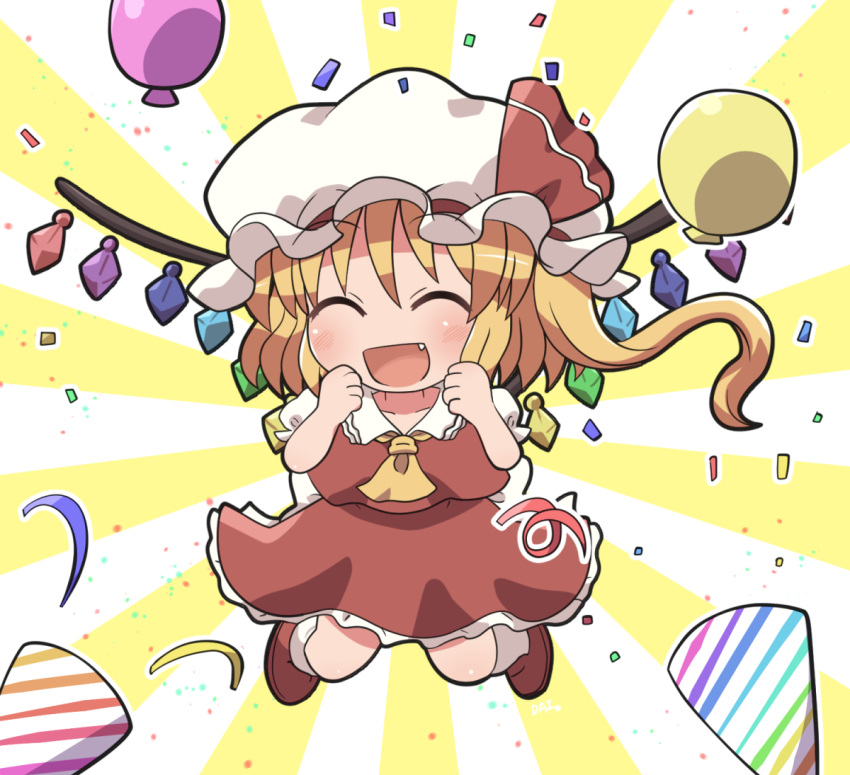 1girl :d ascot balloon blonde_hair brown_footwear confetti crystal fang flandre_scarlet full_body hat mob_cap multicolored_background one_side_up open_mouth red_shirt red_skirt rokugou_daisuke shirt skirt smile socks solo touhou white_headwear white_socks wings yellow_ascot