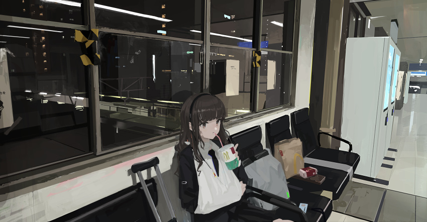 1girl absurdres bandages black_hair chair crutch drinking hairband highres long_hair mcdonald's night original orval reflection sitting train_station vending_machine window